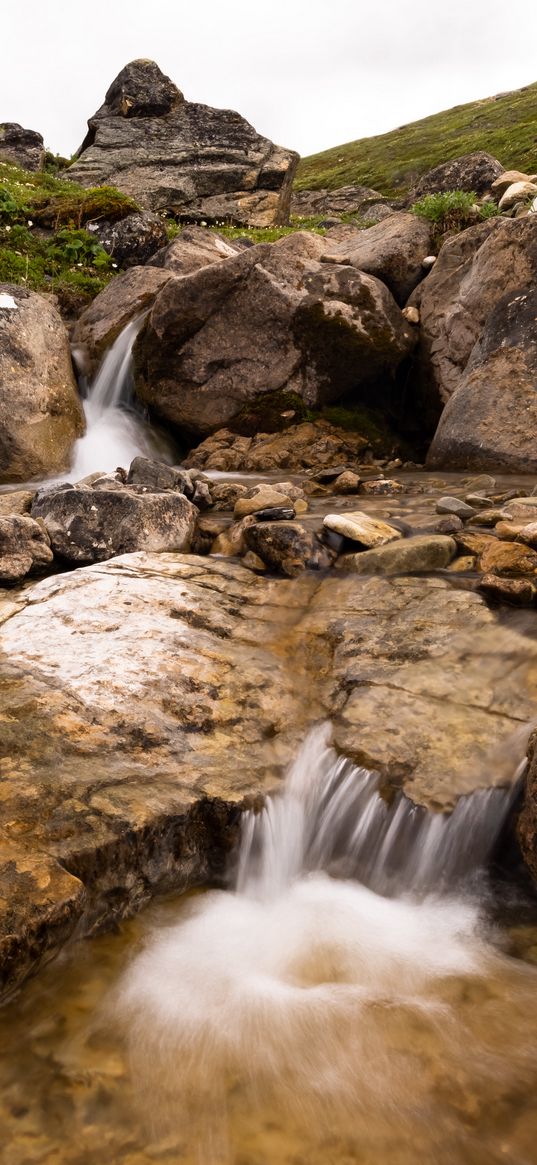 hills, stones, stream, water, cascade, nature