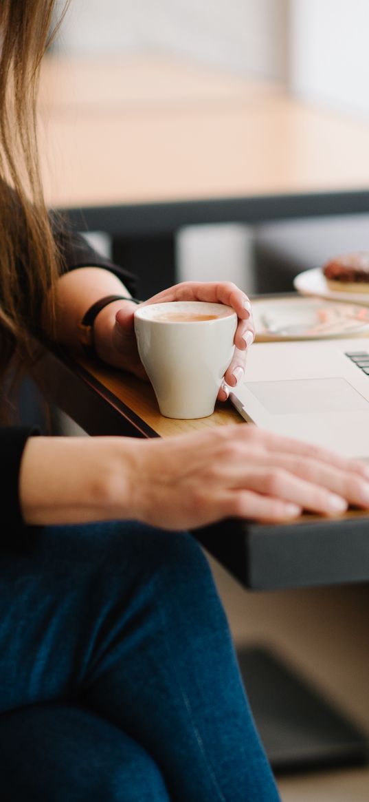 cappuccino, coffee, mug, laptop, work