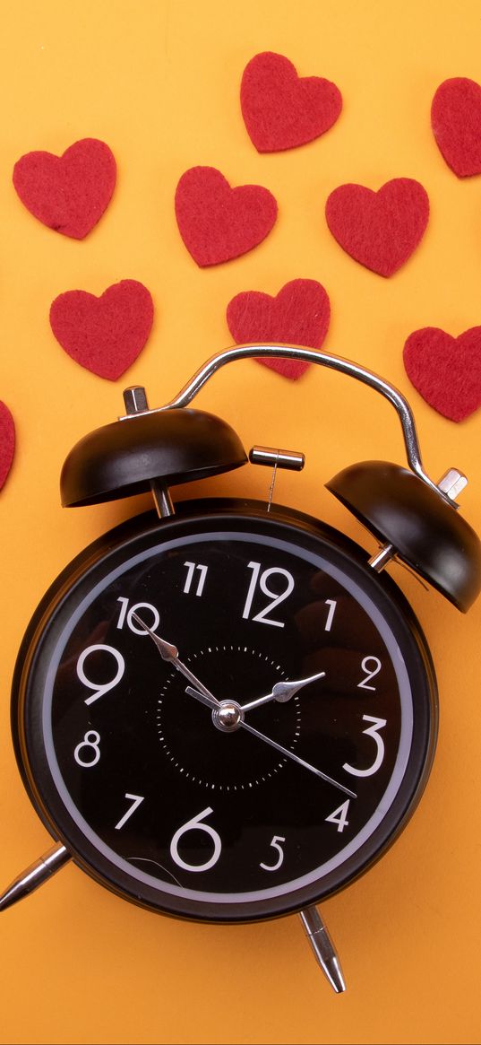 clock, alarm clock, time, hearts, orange