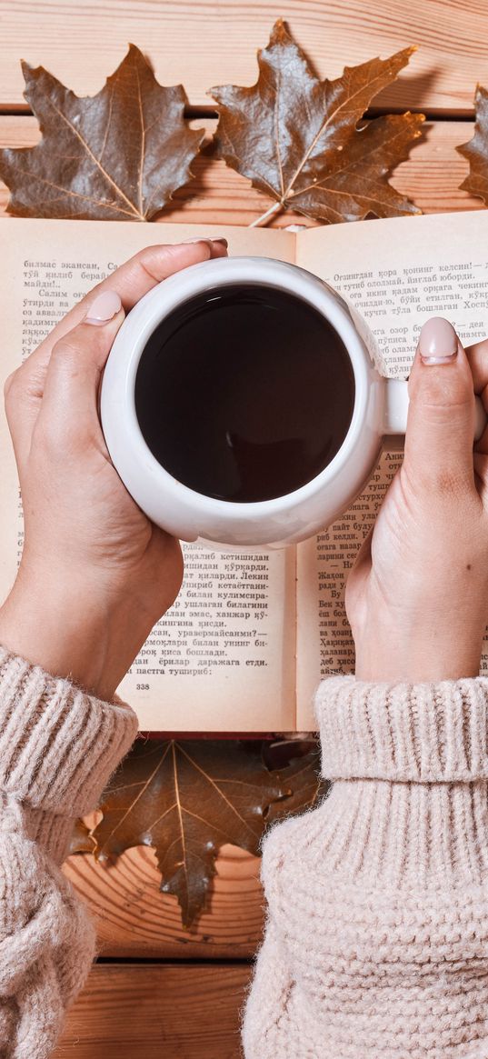 coffee, drink, cup, hands, book, autumn, cozy