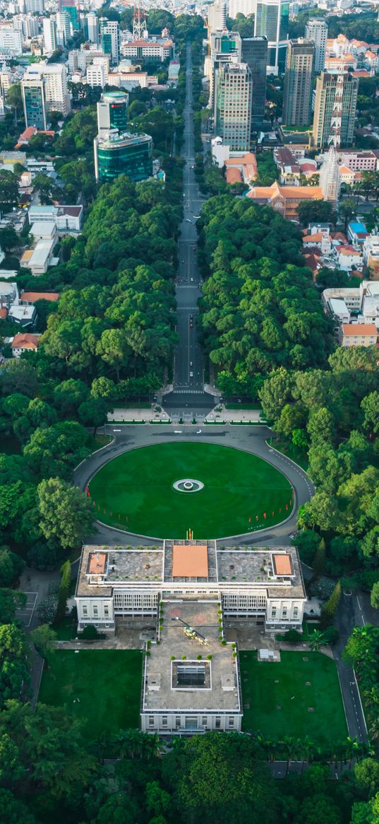 city, buildings, trees, aerial view, cityscape