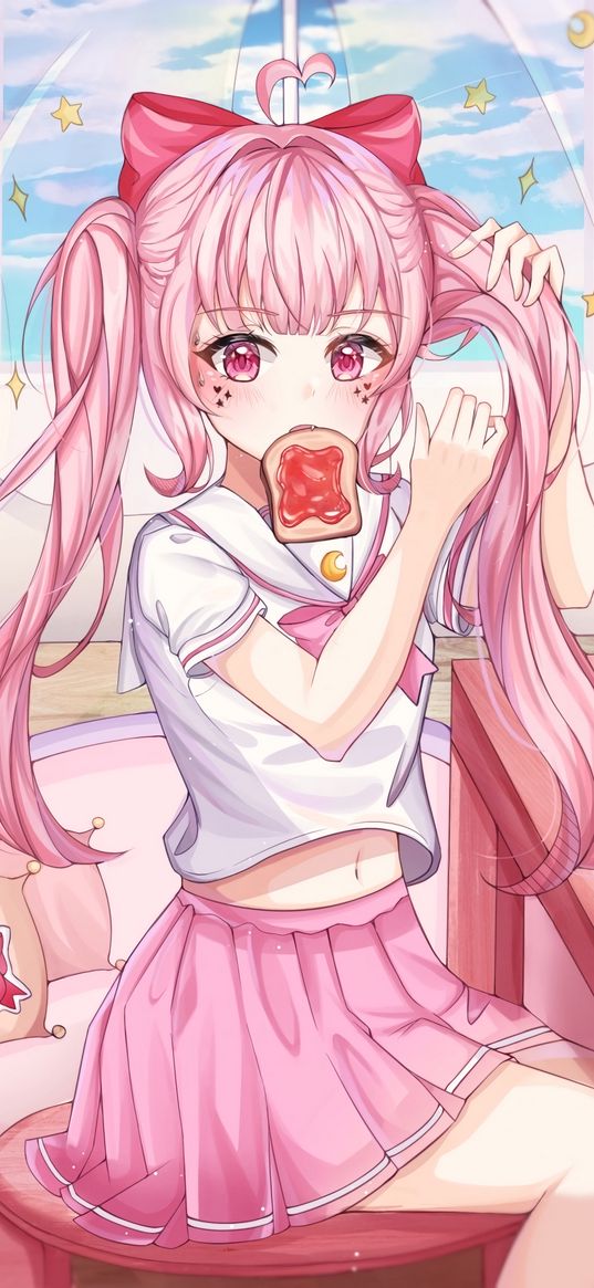 girl, ponytails, toast, anime, art, pink