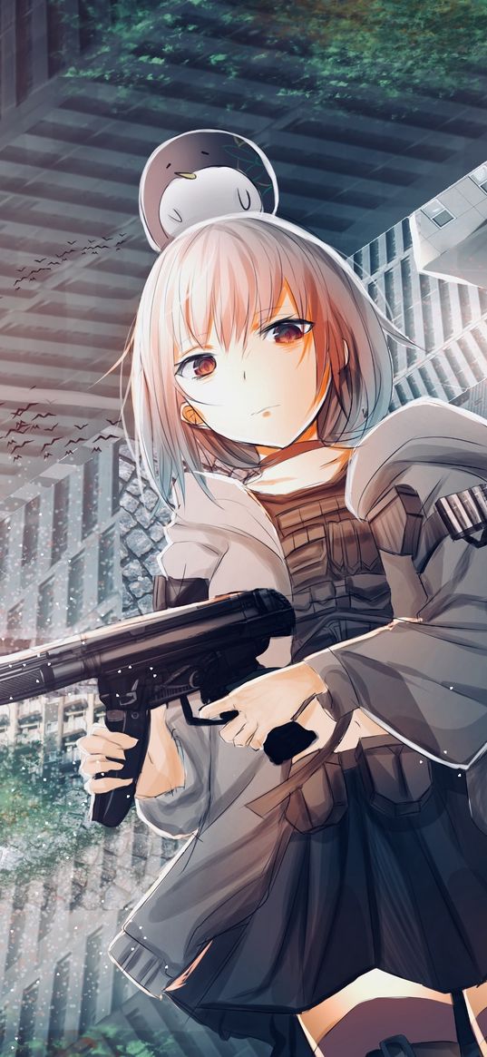 girl, submachine gun, weapon, anime, art