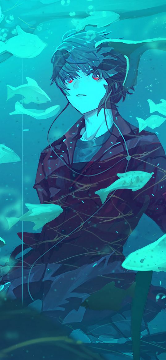 guy, fish, aquarium, anime, art, blue