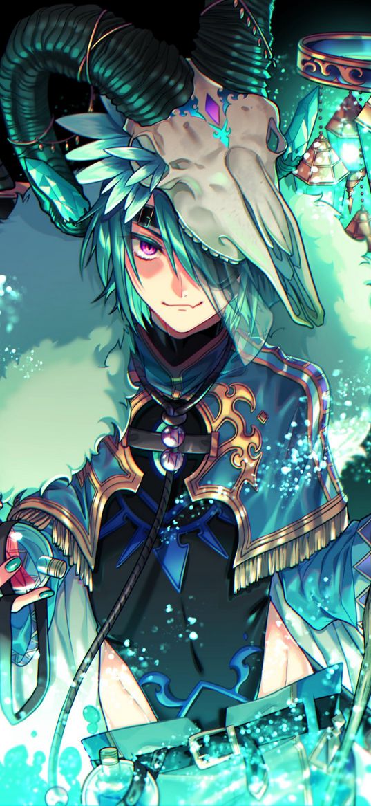 guy, shaman, skull, horns, anime, art, green