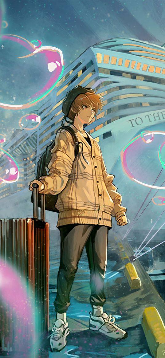 guy, jacket, traveler, ship, anime, art