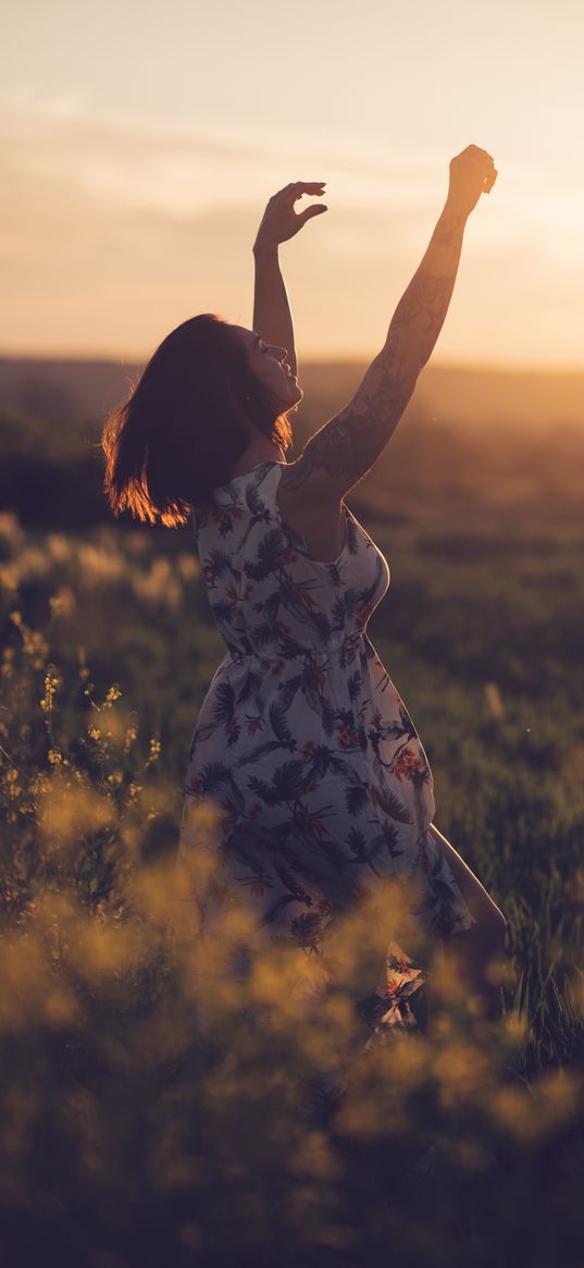 girl, gesture, field, freedom