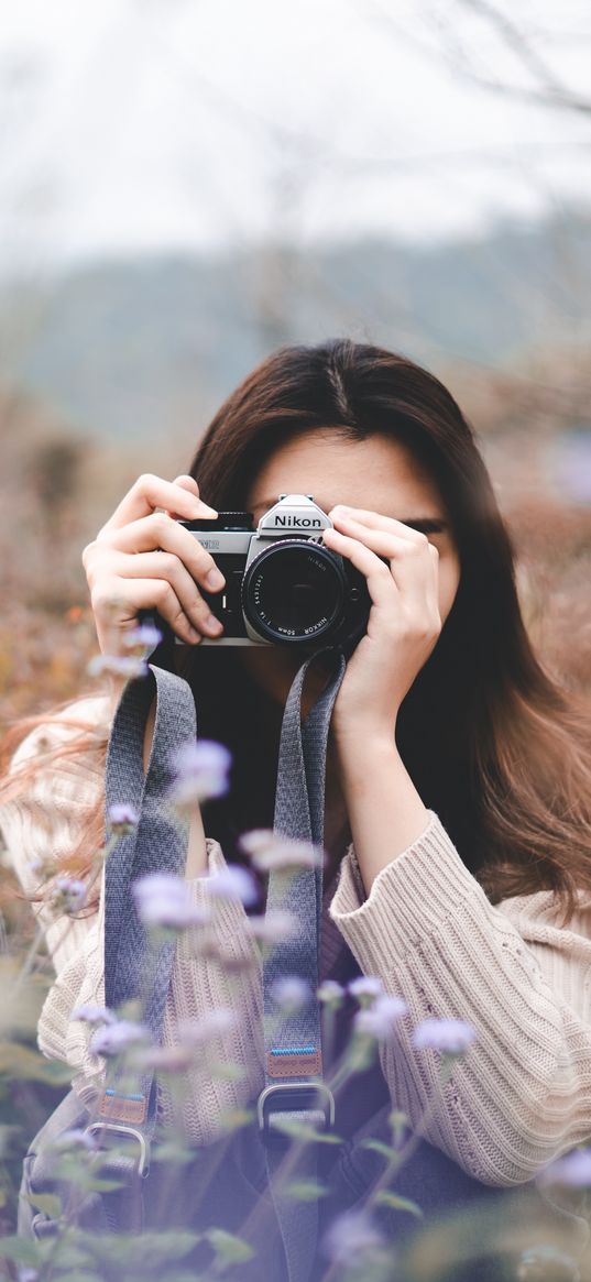 girl, photographer, camera, field, flowers