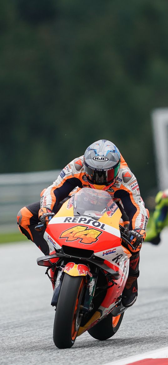 motorcycle, orange, motorcyclist, track, race, moto