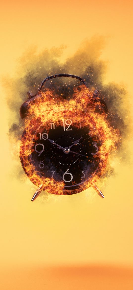 clock, alarm clock, time, fire, yellow