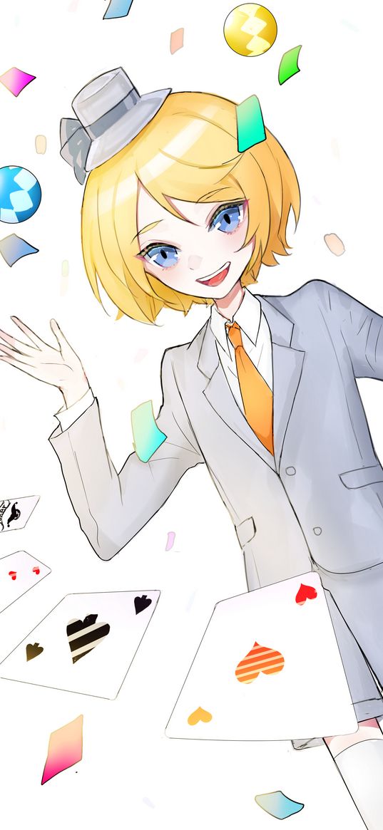 guy, trick, hat, cards, anime, art