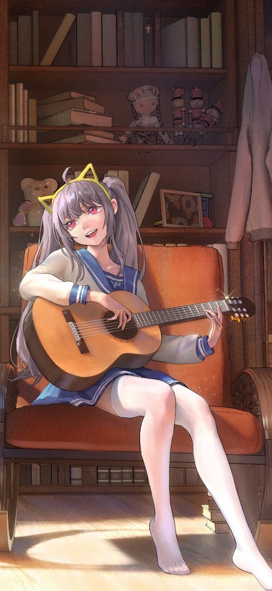 girl, smile, guitar, musician, anime, art