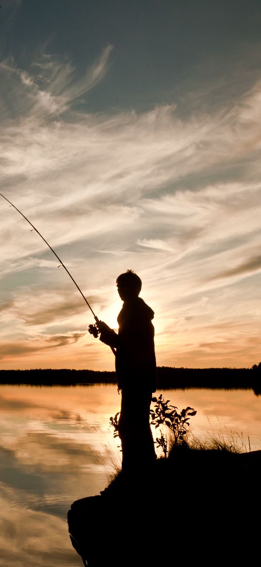 silhouette, fisherman, fishing rod, fishing, lake, dark