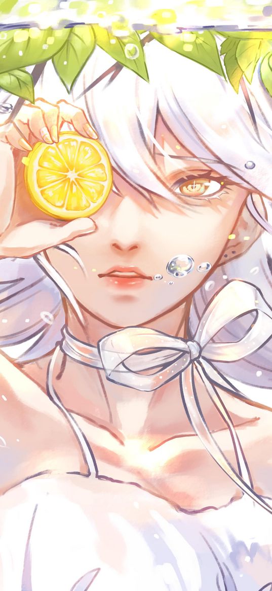 girl, glance, lemons, fruit, anime, art