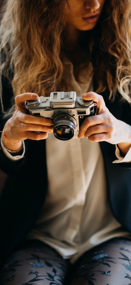 girl, camera, photographer, objective, hands