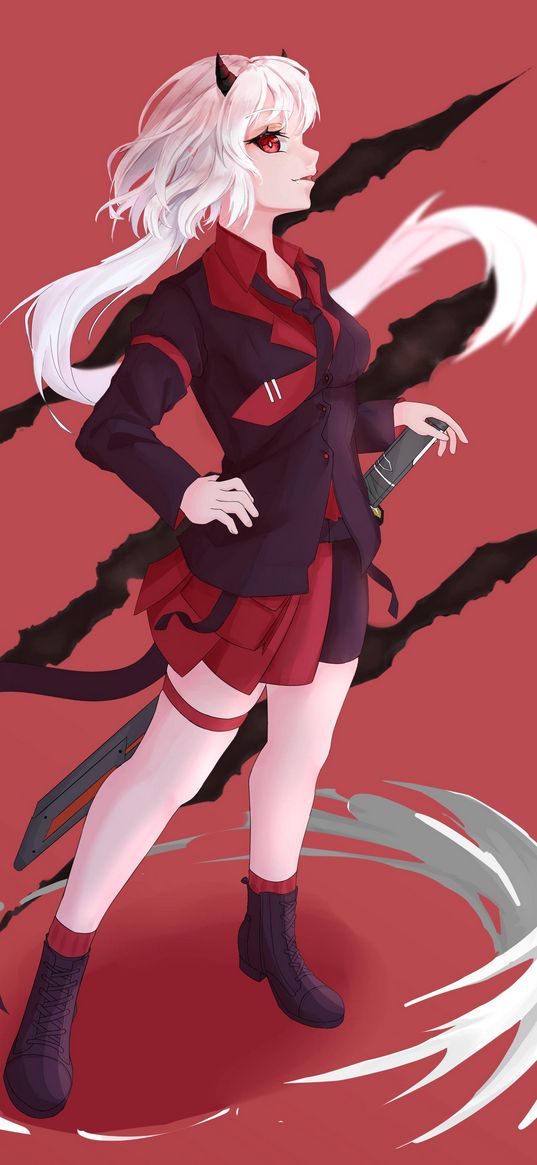 girl, demon, costume, anime, art, red