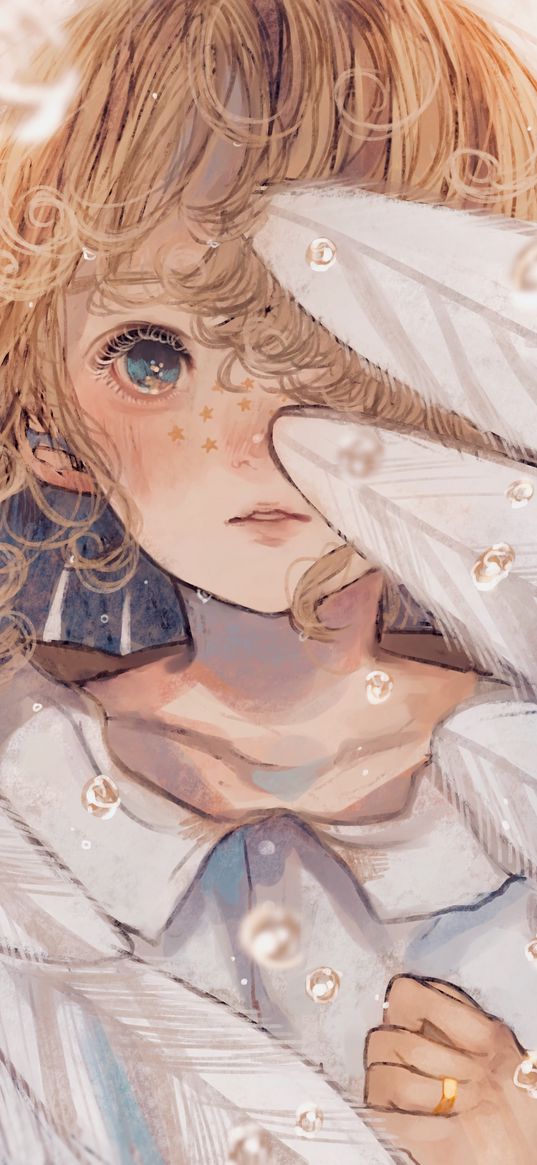 girl, feathers, stars, freckles, anime, art