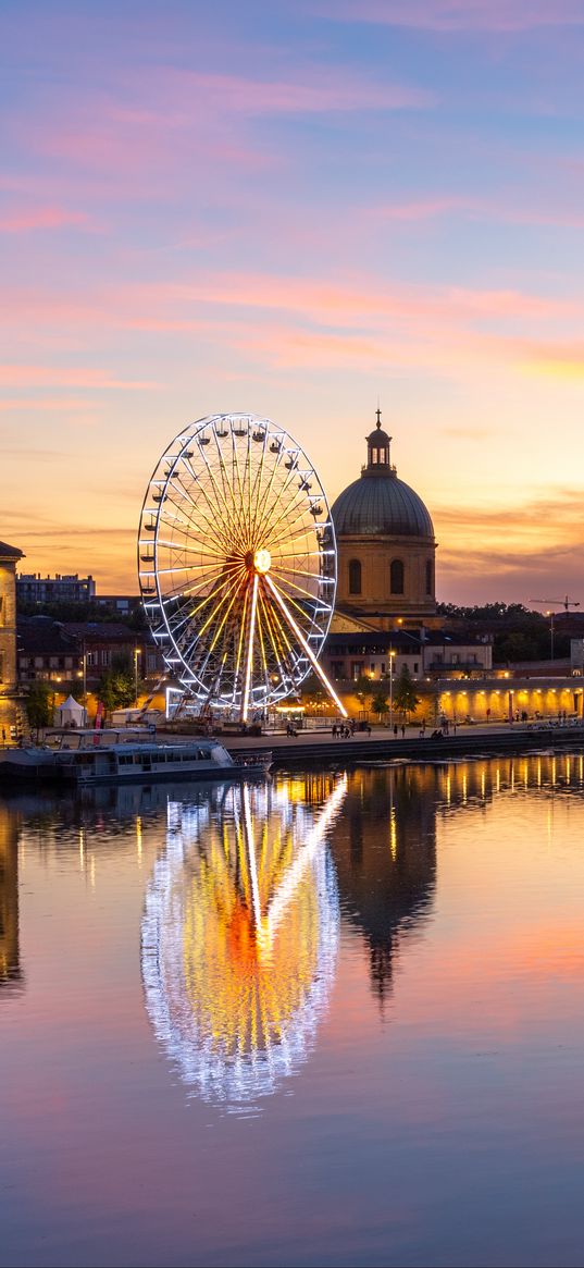 city, ferris wheel, buildings, water, reflection, twilight