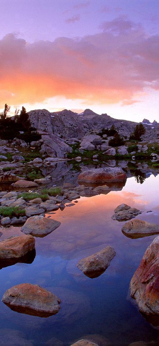 wind river range, wyoming, stones, river, mountains, evening, sky, grass