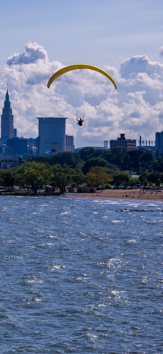 parachutist, parachute, sea, water, beach