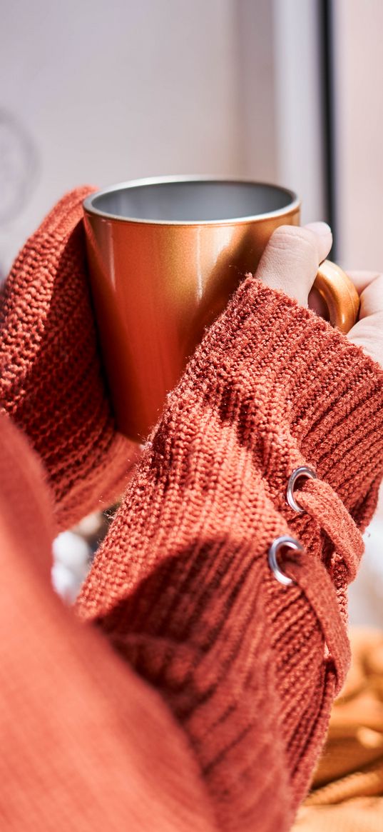 mug, hands, sweater, autumn, orange