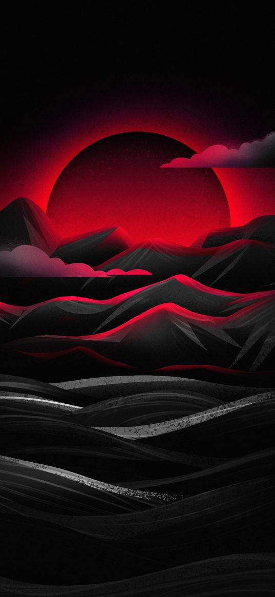 mountains, clouds, sun, glow, art, red