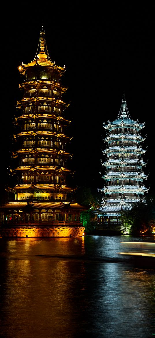 pagodas, towers, architecture, backlight, night, dark