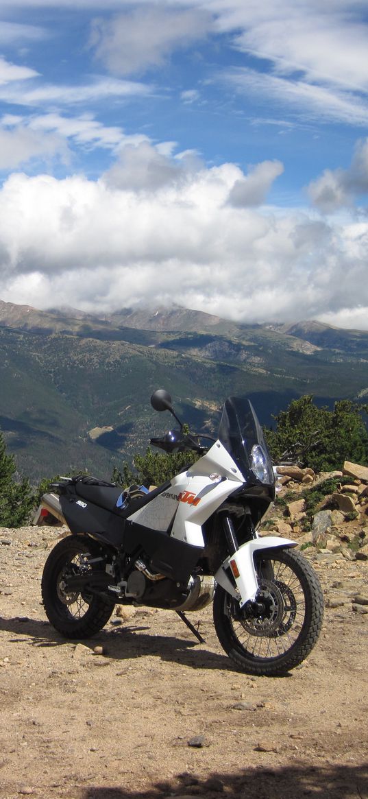 ktm, motorcycle, bike, white, cliff, mountains