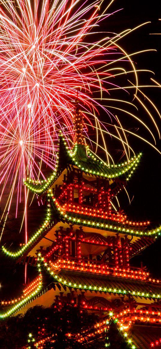 pagoda, temple, architecture, backlight, fireworks, celebration, dark