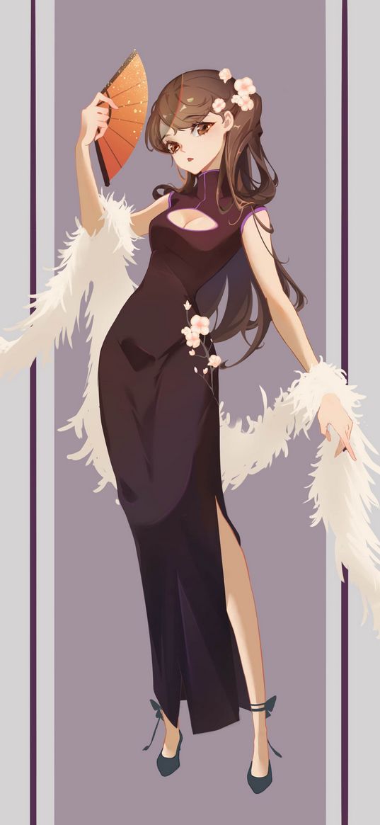 girl, dress, fan, anime, art