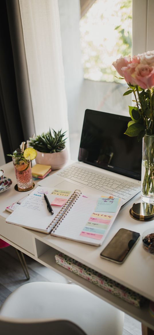 table, laptop, notepad, flowers, aesthetics