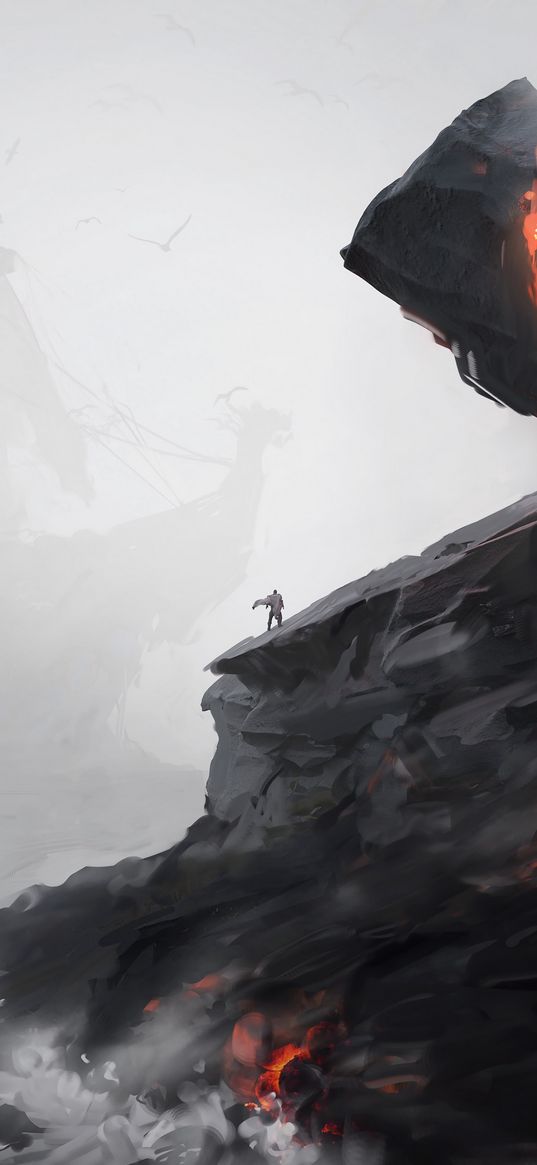 silhouette, loneliness, rock, volcano, apocalypse