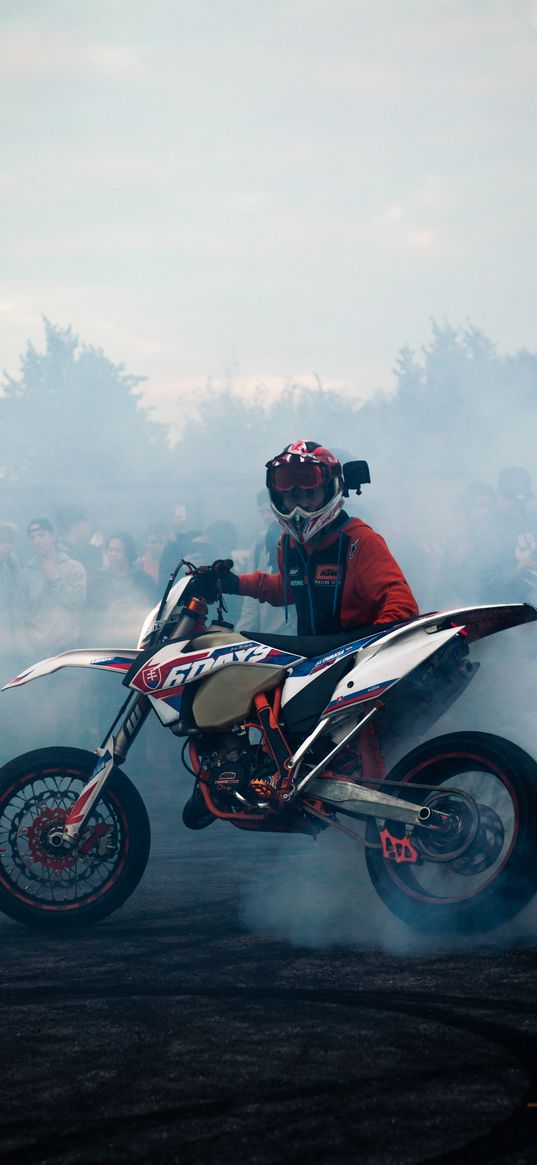 ktm, motorcycle, bike, motorcyclist, smoke, drift, moto