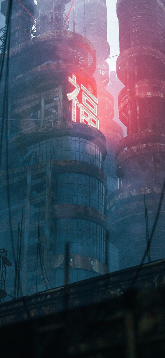 buildings, architecture, neon, hieroglyph, apocalypse