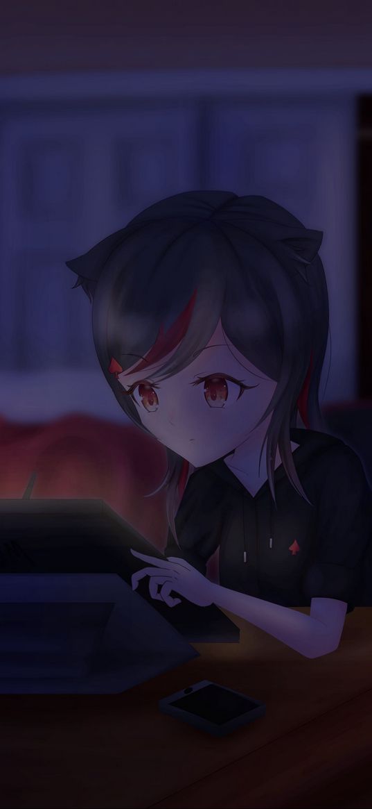 girl, neko, tablet, artist, night, anime