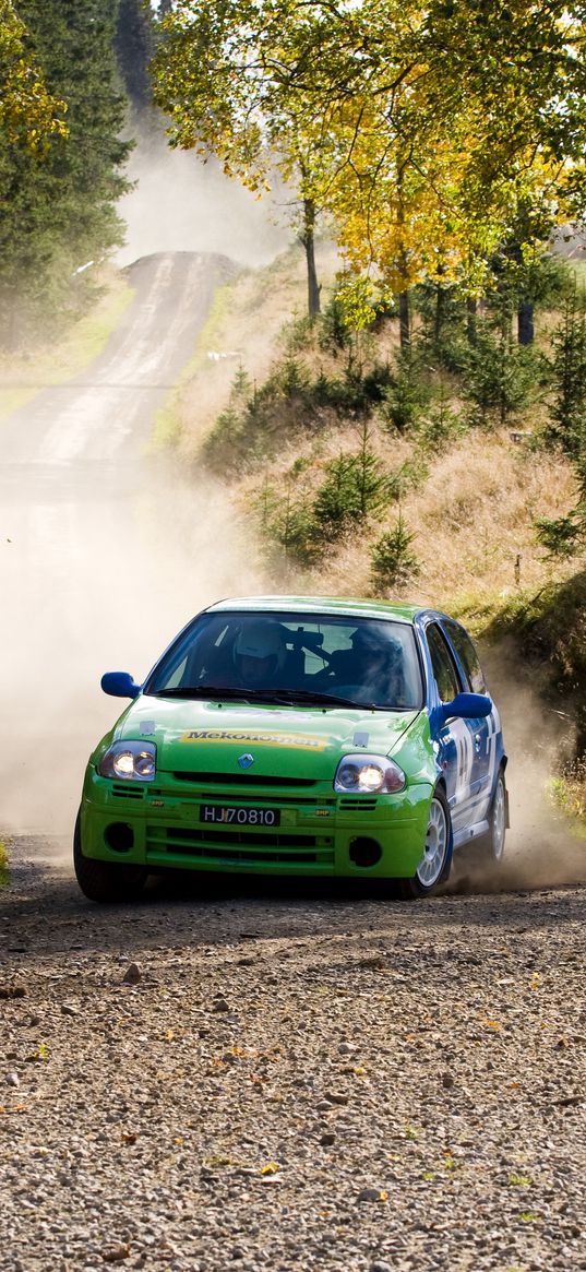 renault, car, green, rally, dust