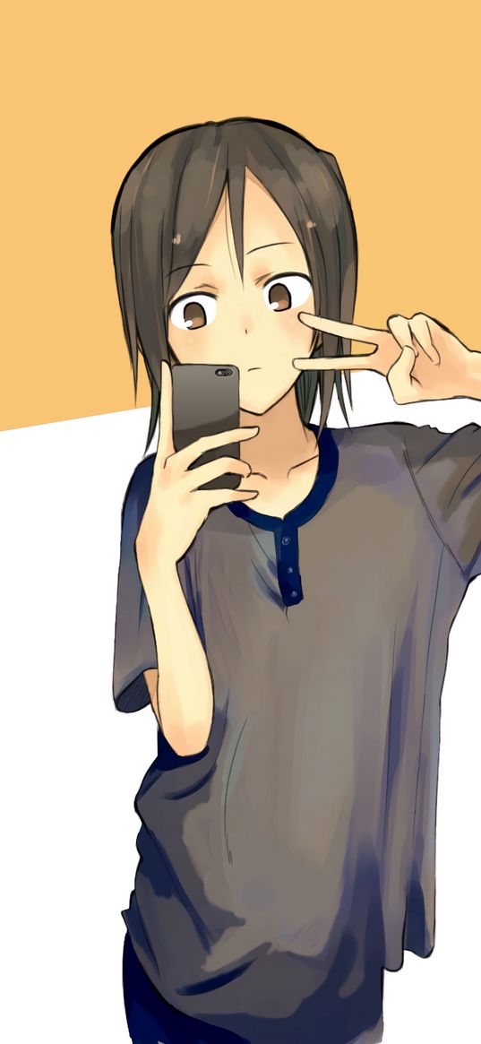 girl, gesture, phone, selfie, anime