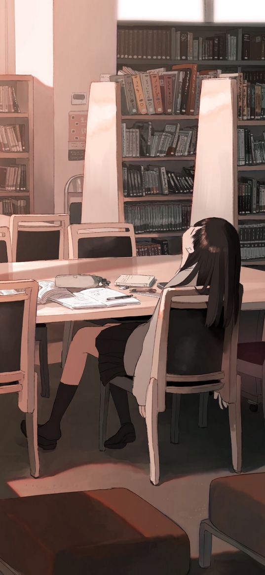 girl, library, study, anime