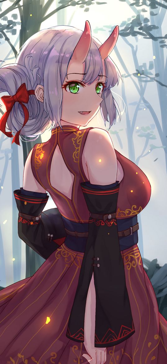 girl, demon, horns, forest, anime, art, cartoon