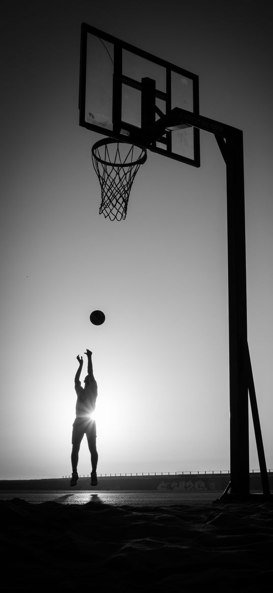 silhouette, jump, ball, basketball, sport, black and white