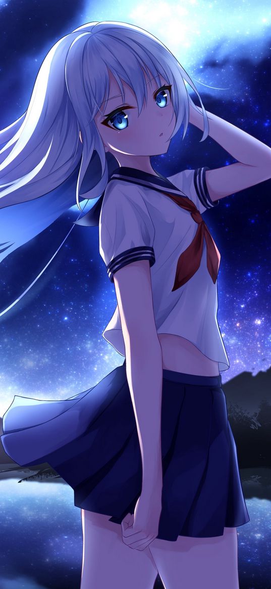 girl, sailor suit, night, anime, art, blue