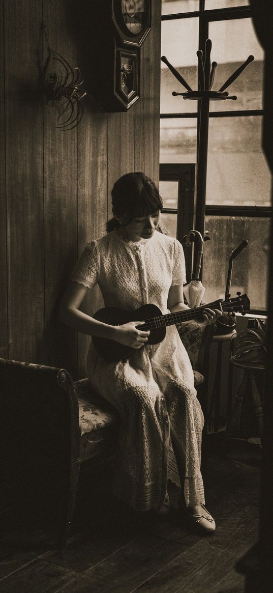 girl, ukulele, guitar, vintage