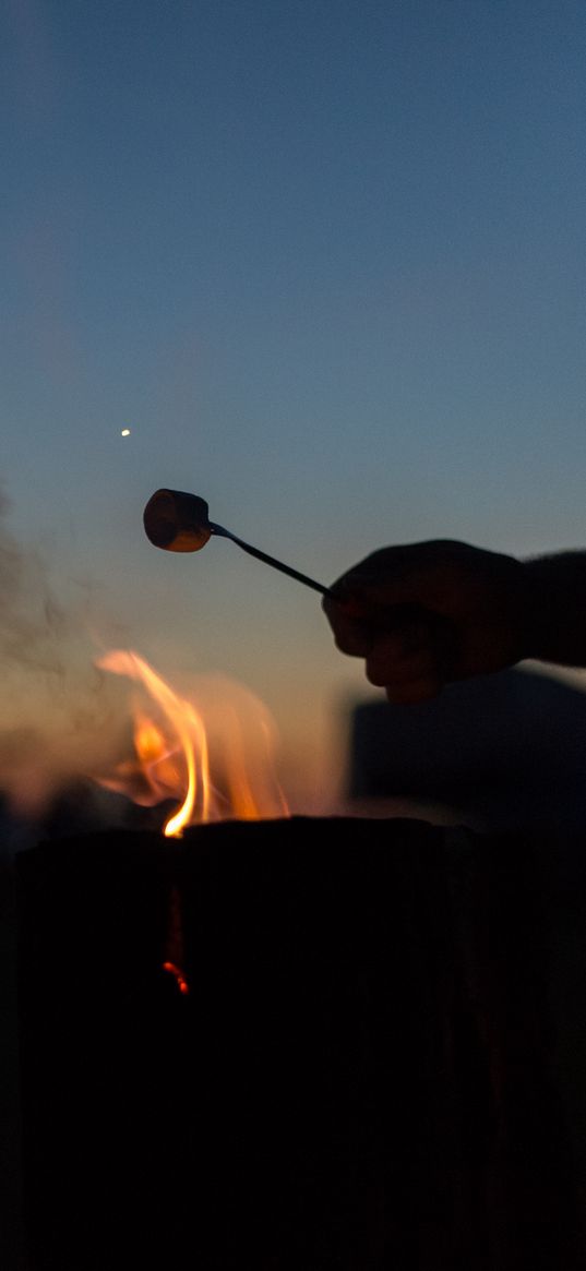 flame, hand, silhouette, marshmallow, twilight, dark