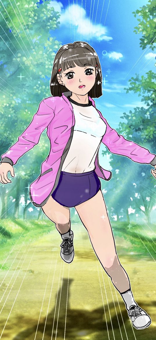 girl, run, running, park, anime