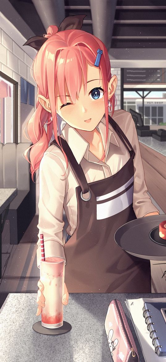 girl, waiter, smile, anime, art