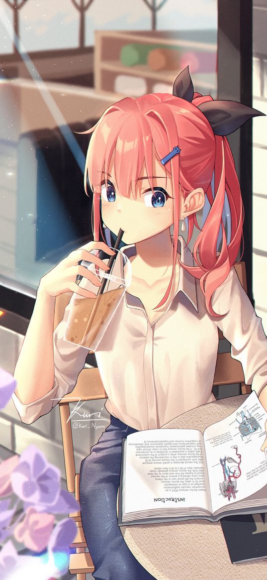 girl, glass, drink, book, reading, anime