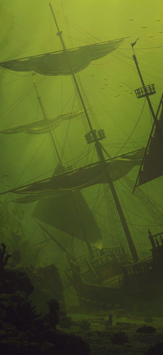 ship, sail, underwater, green, dark