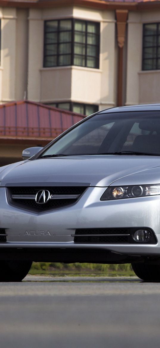 acura, tl, 2007, silver metallic, front view, style, cars, buildings, grass