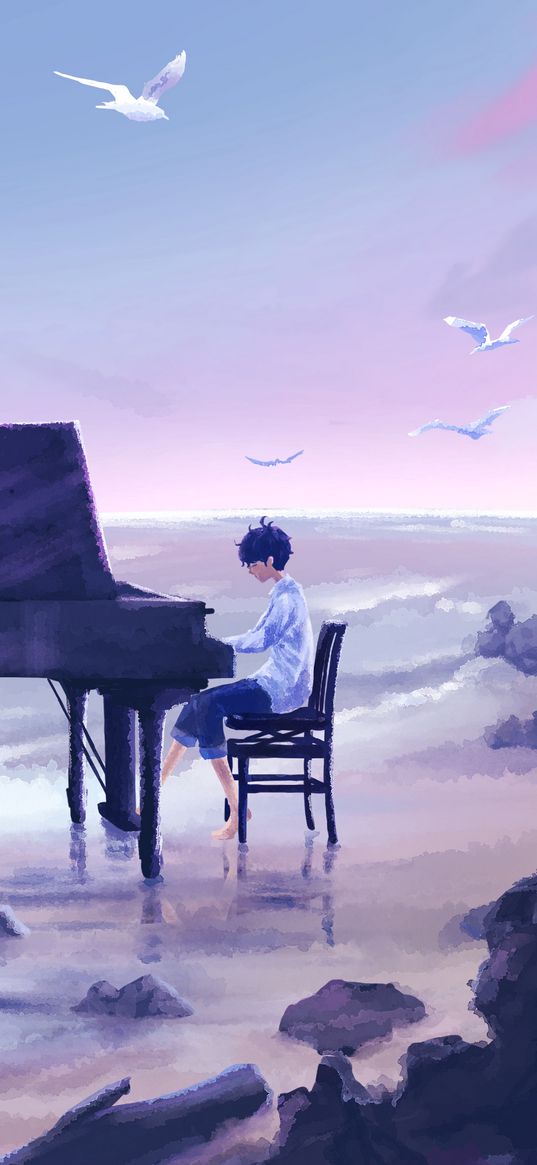 guy, musician, piano, birds, anime, art