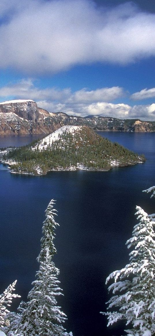 island, winter, fir-trees, lake